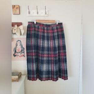 Vintage Red & Blue Plaid Pleated Wool Blend Skirt